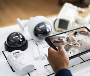 man setting up his home alarm system