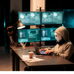 hacker sitting at a desk provi