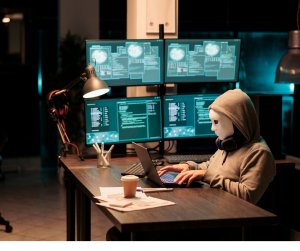 hacker sitting at a desk hacking somebody's business